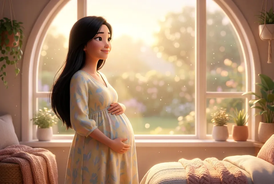 Mẹ bầu bên cửa sổ bình minh, tay ôm bụng đầy hy vọng
