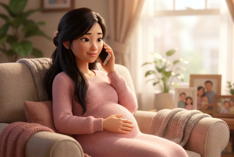 Mẹ bầu bình tĩnh gọi điện cho bác sĩ, tay đặt lên bụng