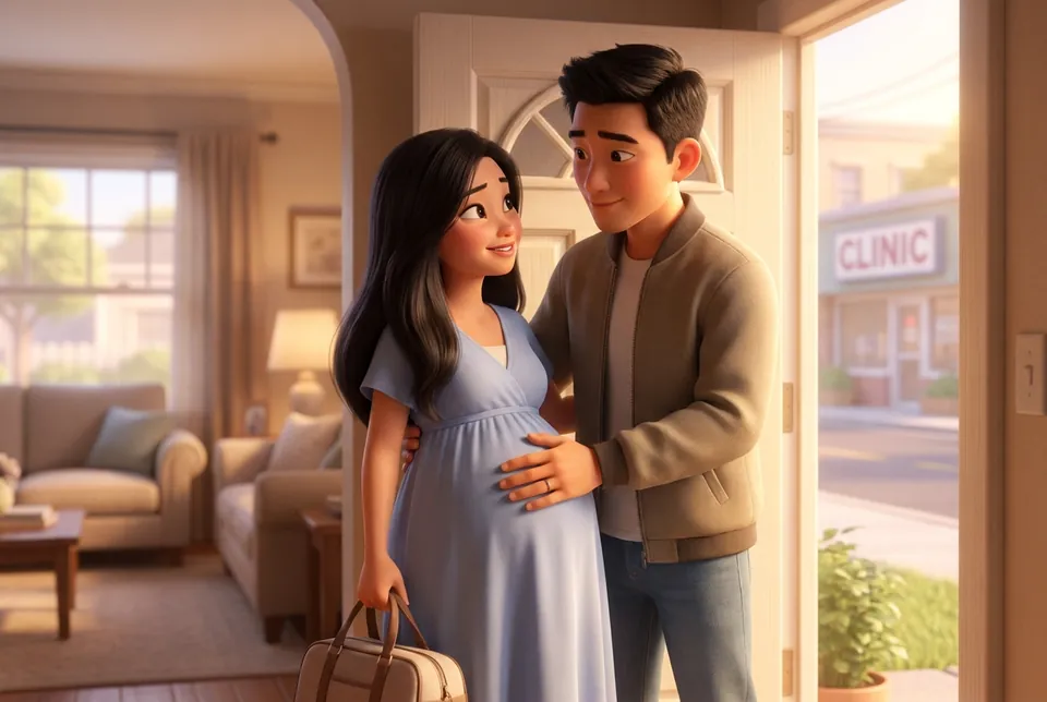 Chồng dìu vợ mang túi đồ, sẵn sàng đến phòng khám