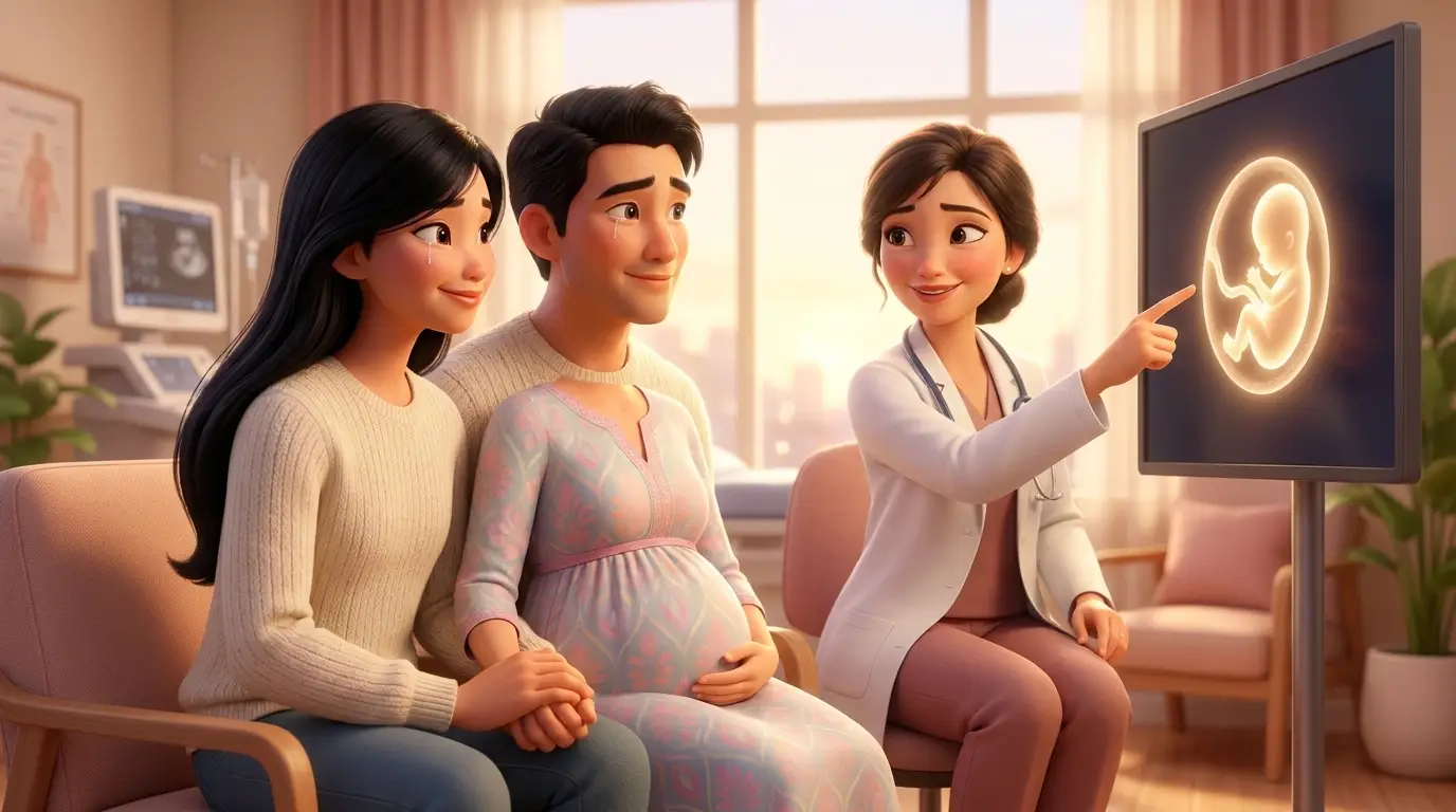 Vợ chồng cùng bác sĩ xem hình ảnh phôi, hành trình IVF