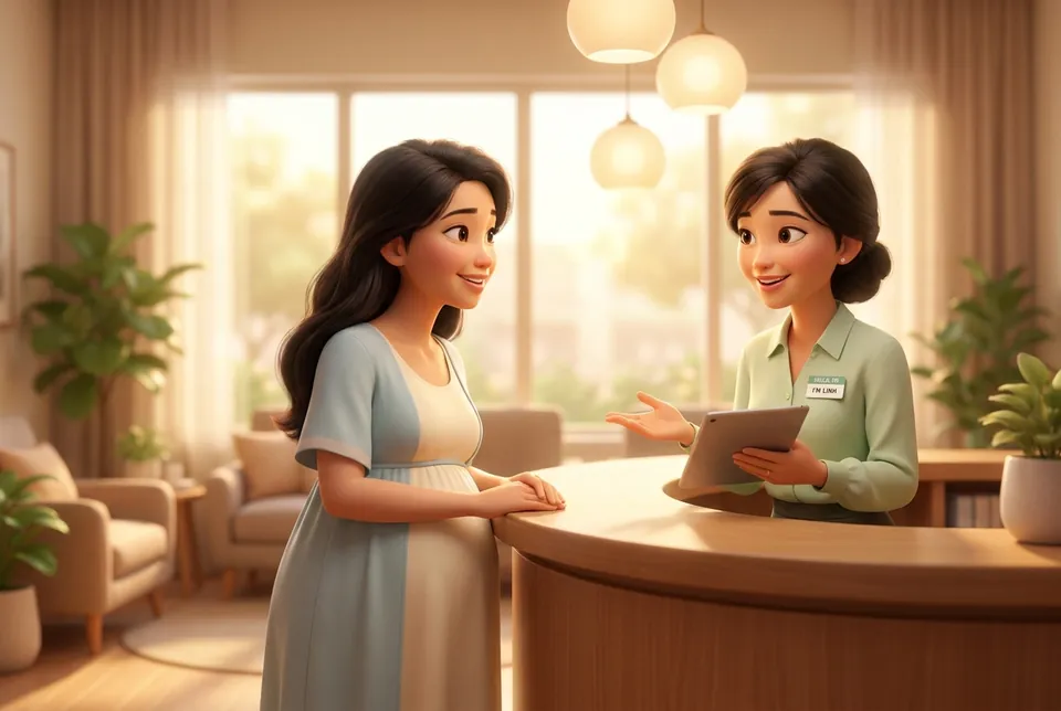 Mẹ bầu làm thủ tục tại quầy lễ tân phòng khám
