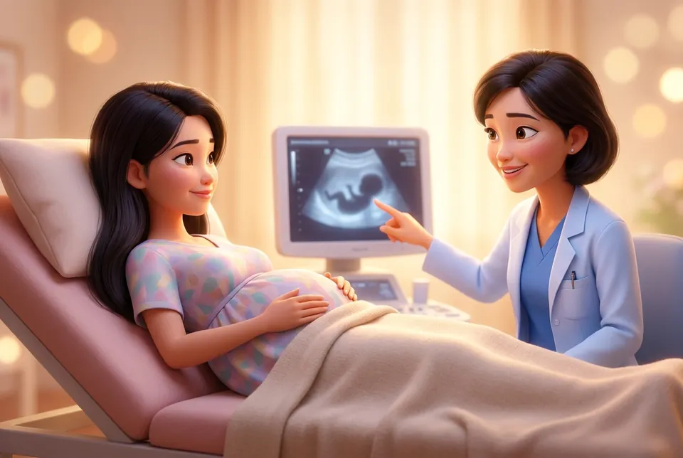 Mẹ bầu và bác sĩ cùng xem màn hình siêu âm