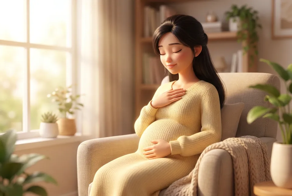 Mẹ bầu tay đặt lên ngực, bình yên bên cửa sổ