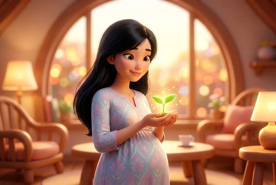 Mẹ bầu nâng niu mầm cây nhỏ tượng trưng mầm sống