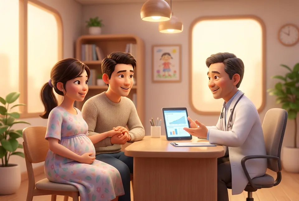 Vợ chồng xem kết quả cùng bác sĩ trên máy tính bảng