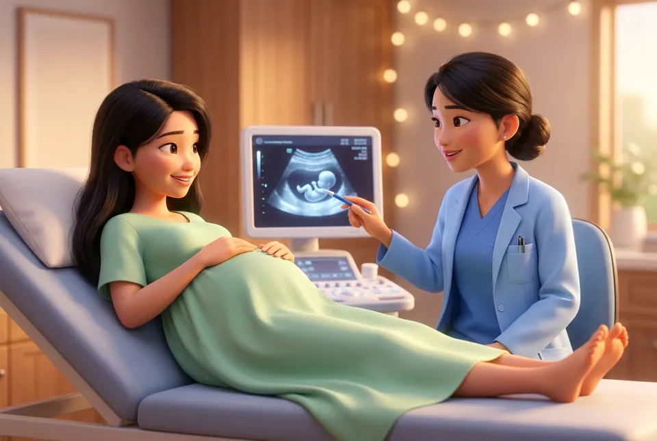 Siêu âm 12 tuần, bác sĩ chỉ vào màn hình