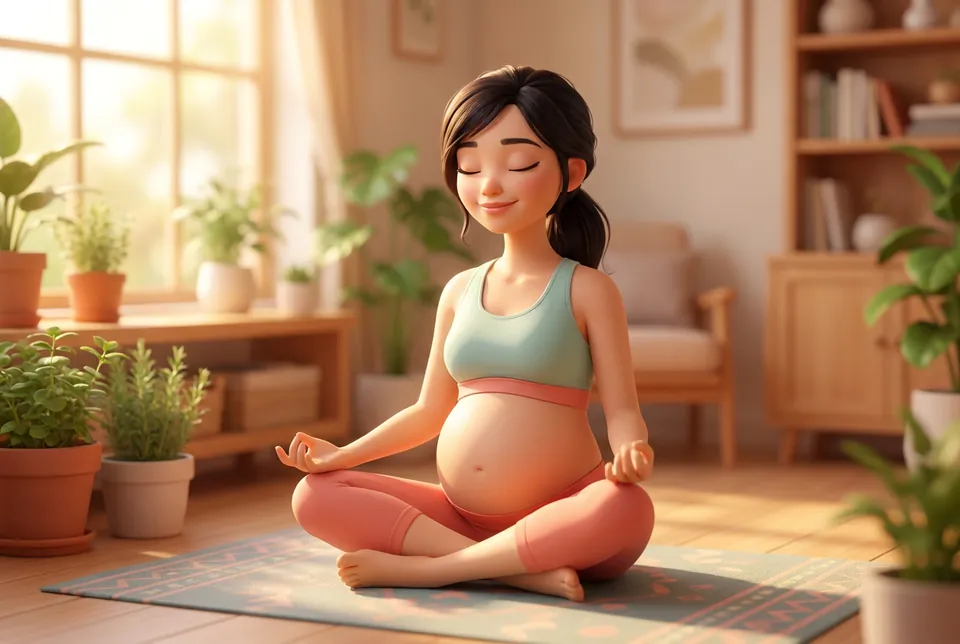 Mẹ bầu tập yoga bầu nhẹ nhàng trong phòng nắng