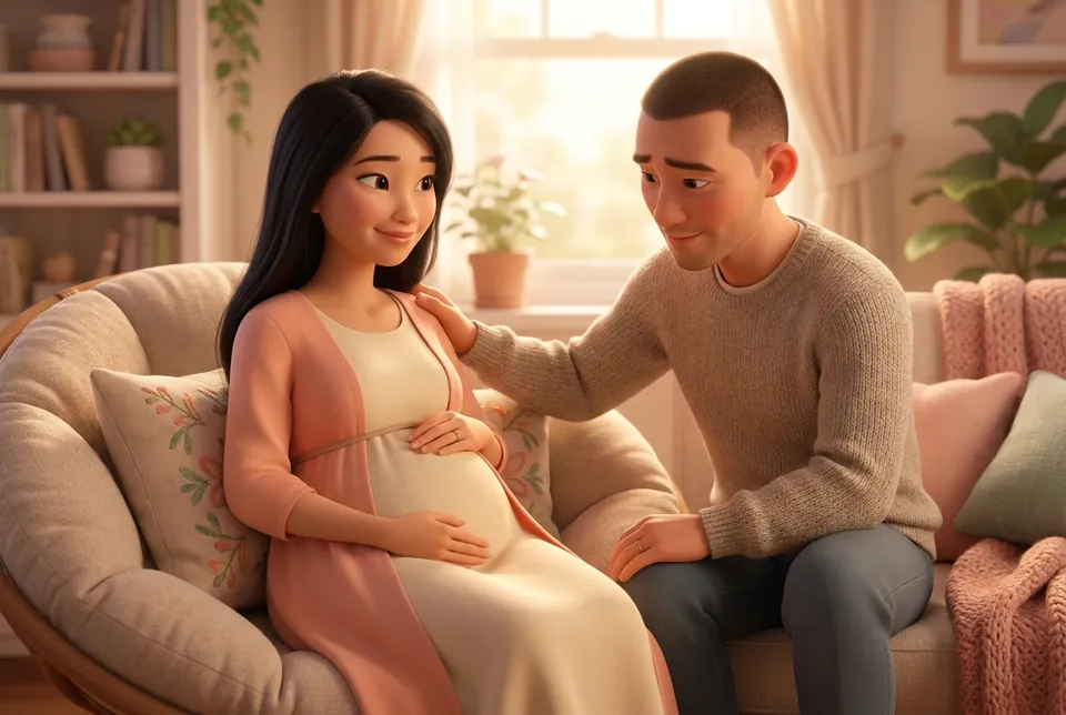 Mẹ bầu nghỉ ngơi, chồng đặt tay lên vai an ủi