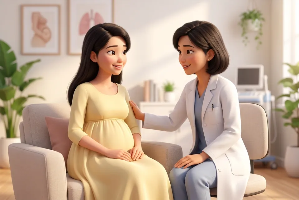 Mẹ bầu trò chuyện cùng bác sĩ nữ trong phòng khám sáng