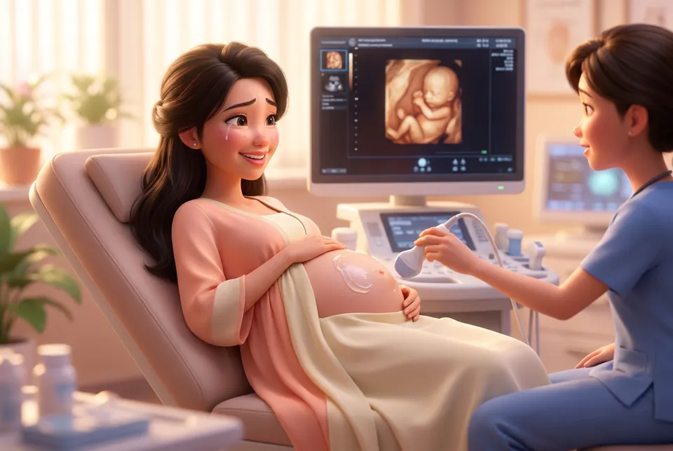 Mẹ bầu ngắm màn hình siêu âm hình thái, hạnh phúc