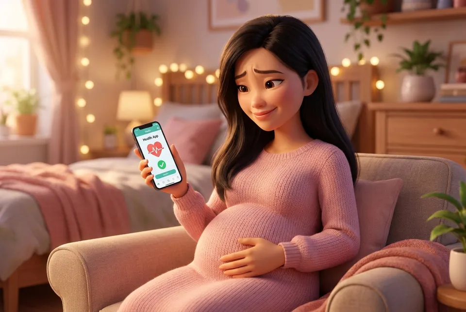 Mẹ bầu đặt tay lên bụng, theo dõi triệu chứng qua điện thoại